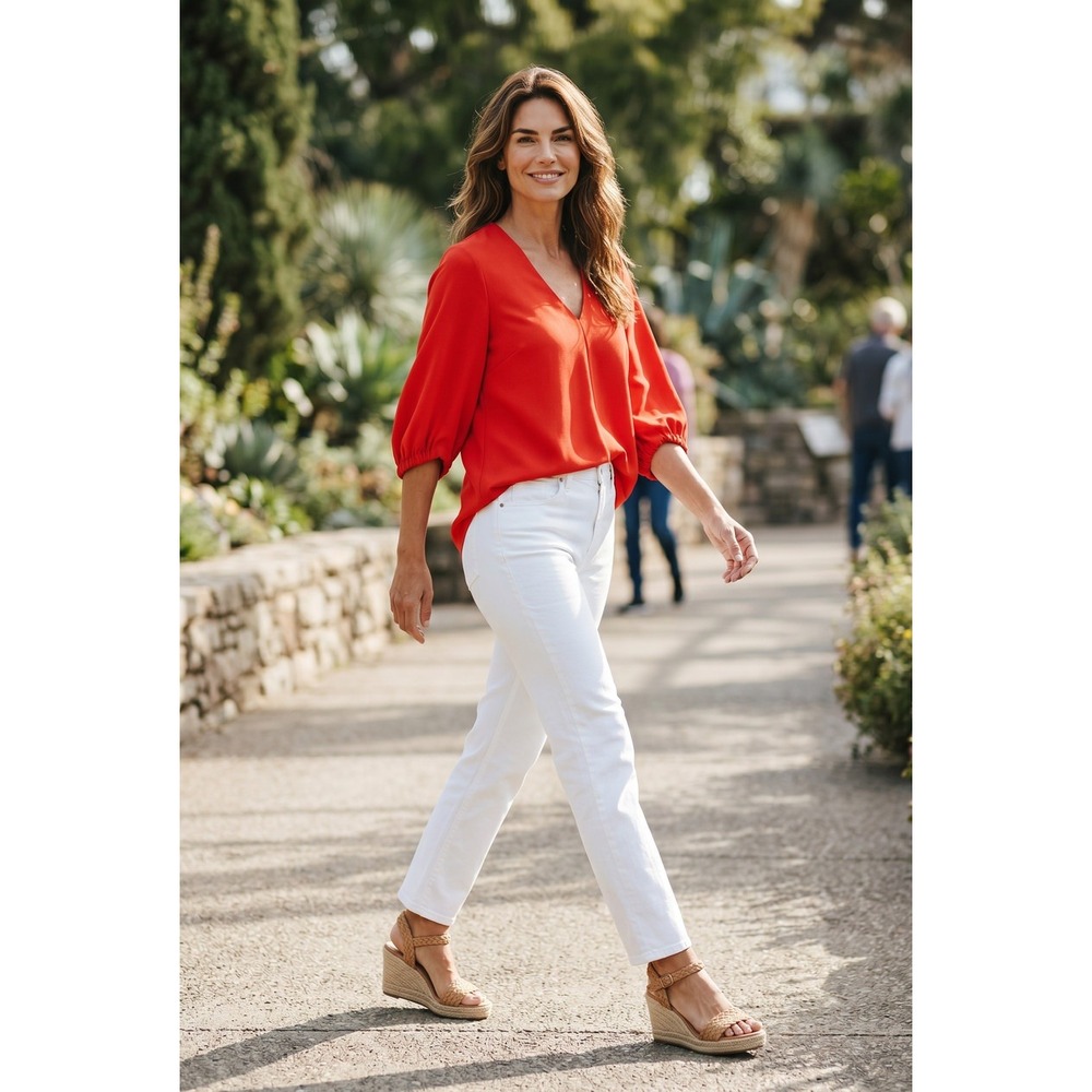TIBI Red Minimalist Asymmetric V-Neck Puff Sleeve Blouse Office Top S $295